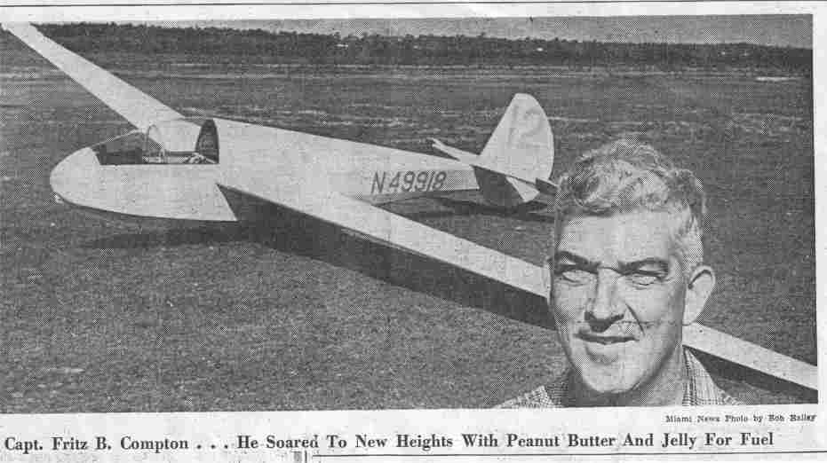 1950s Miami News clipping showing Capt. Fritz B. Compton with sailplane N49918 at the Flying C Ranch, captioned 'He Soared To New Heights With Peanut Butter And Jelly For Fuel'