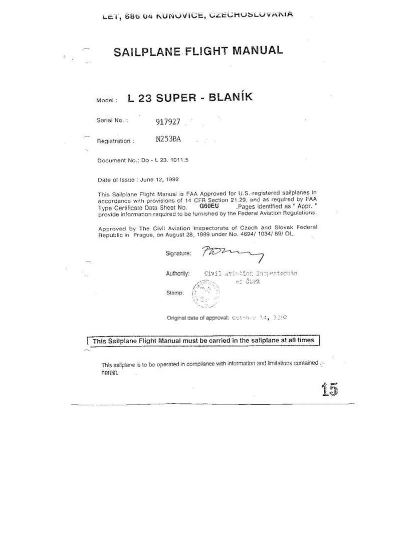 Blanik L-23 Flight Manual cover